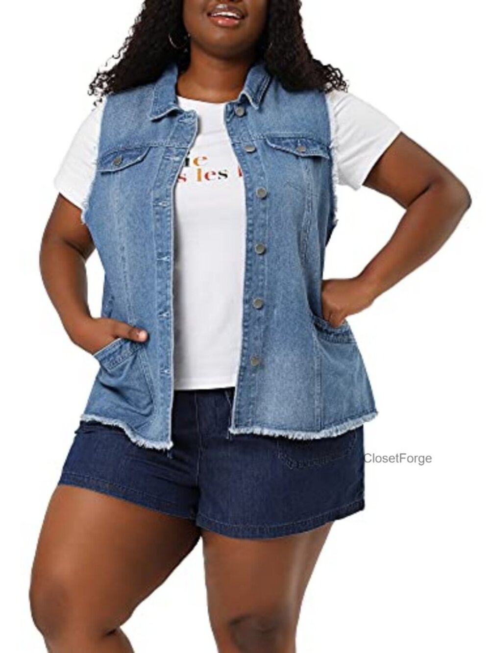 Plus Size Sleeveless Denim Vest with Frayed Hem Button Front Long Jean Vest